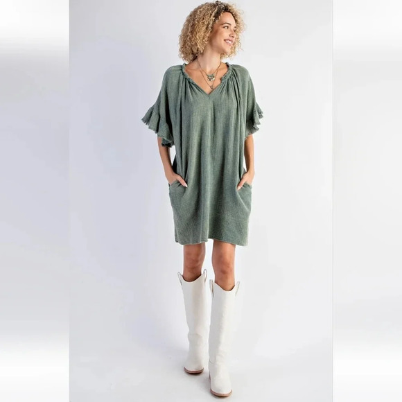 New! Easel Green Mineral Washed Cotton Gauze Dress - Picture 5 of 6